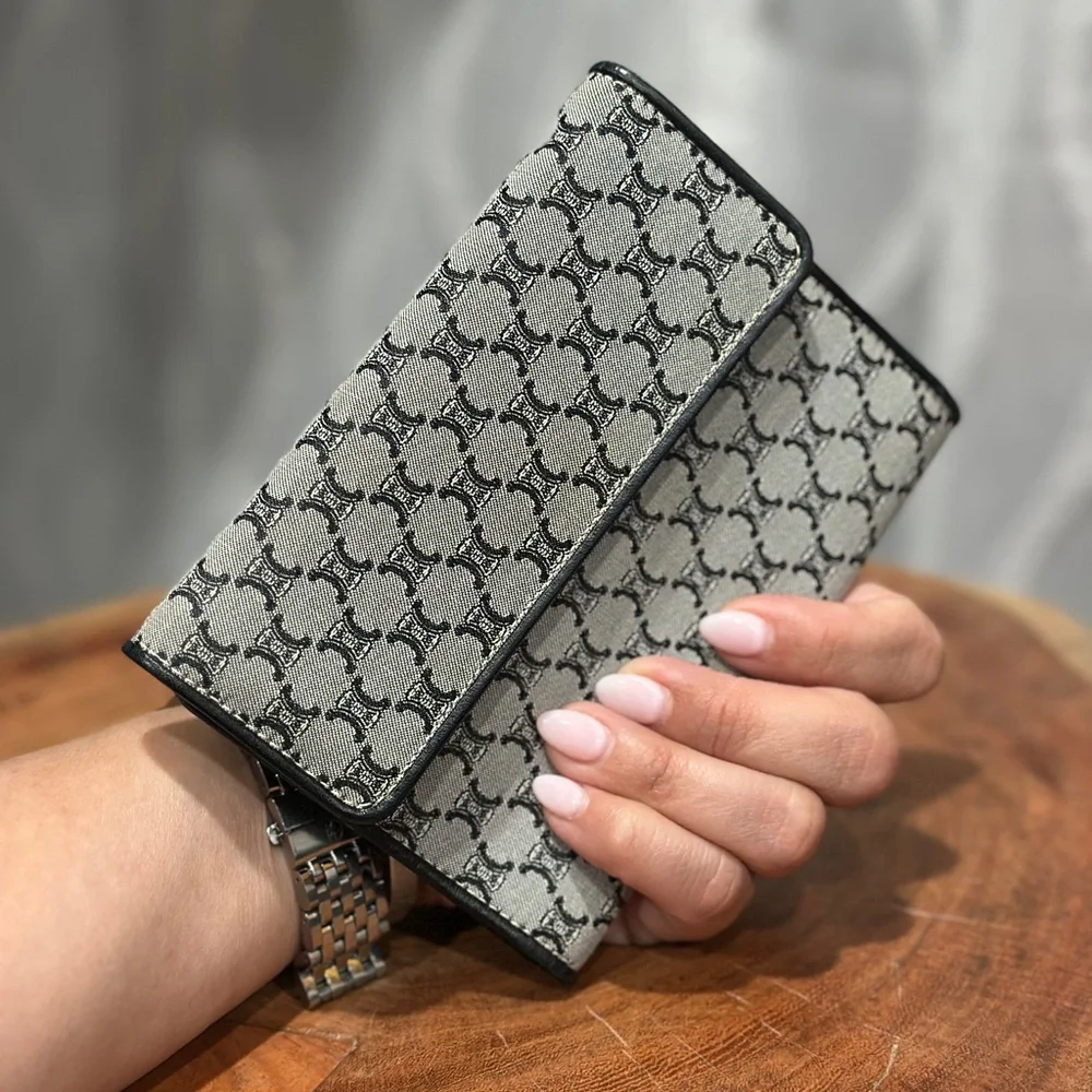 Vintage Celine Triomphe Monogram Wallet Black Grey Canvas Compact Clutch - Picture 2 of 12